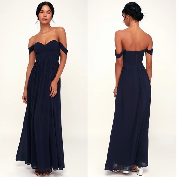 LULU’S Harmonious Love Navy Blue Off The Shoulder Maxi Dress - Picture 1 of 4